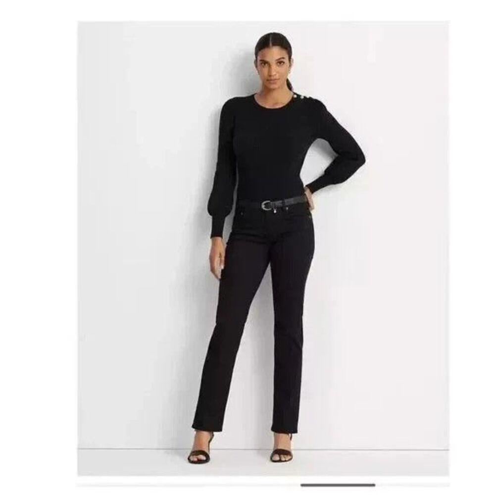 Lauren Ralph Lauren Women's Round Neck Button-Trim Ribbed Sweater Black L